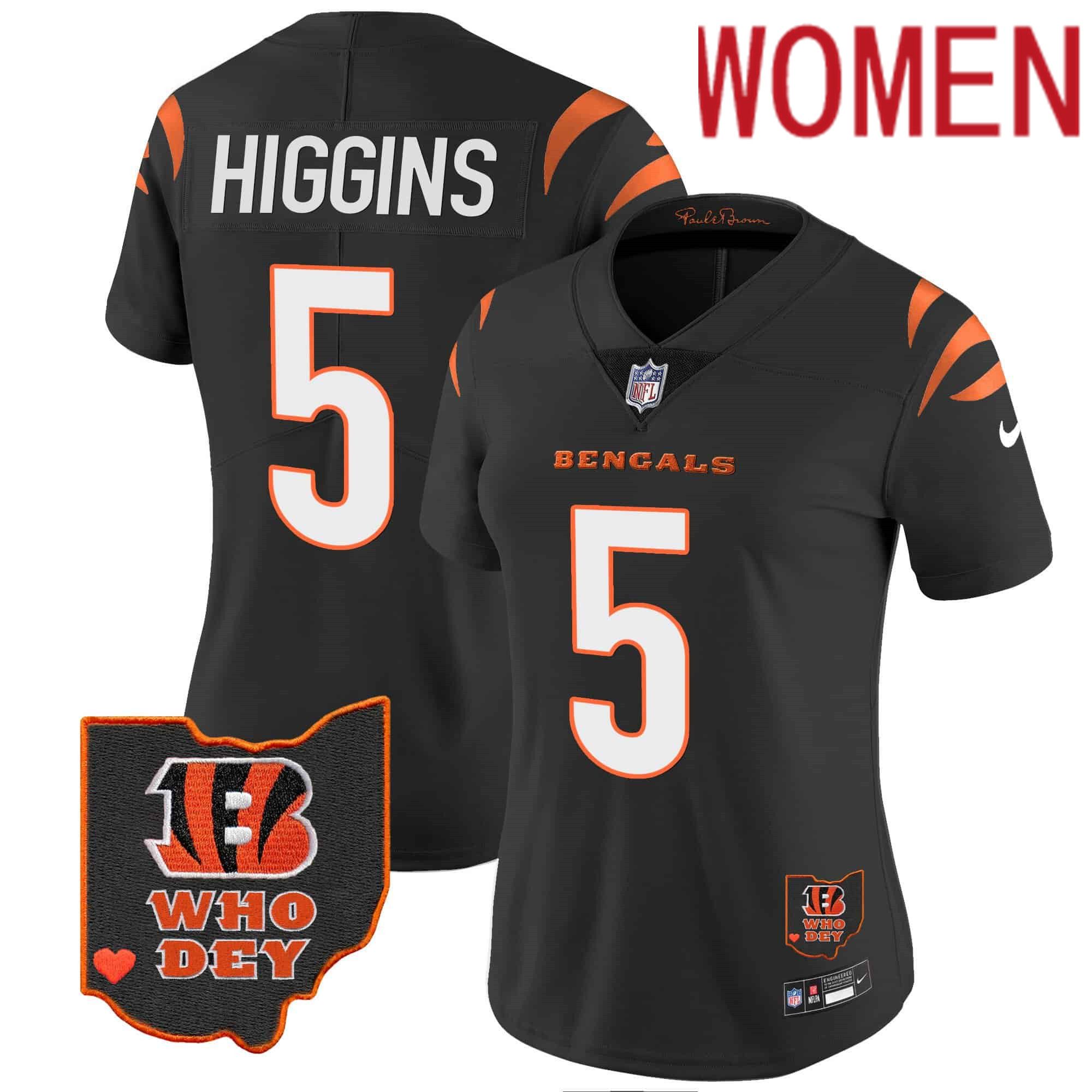 Women Cincinnati Bengals #5 Higgins Black 2024 Nike Patch Vapor Limited NFL Jersey style 1